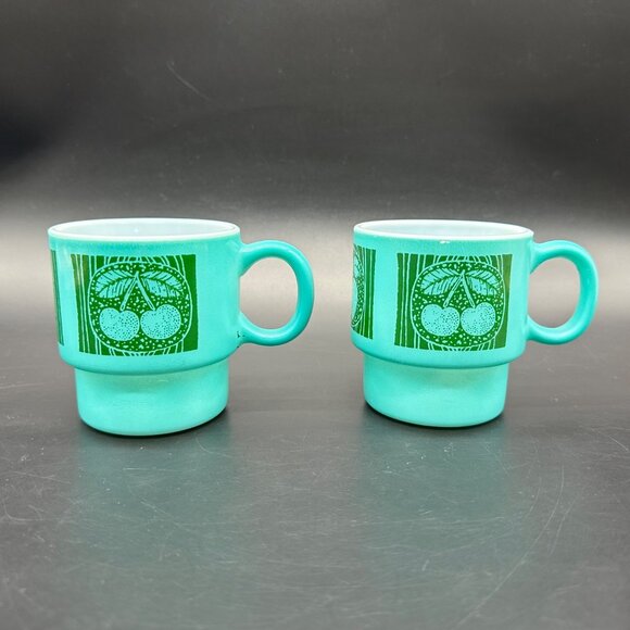 Vintage Milk Glass Mugs Hazel Atlas Teal Green Stacking Fruit Cherry Pear Apple - Picture 2 of 12